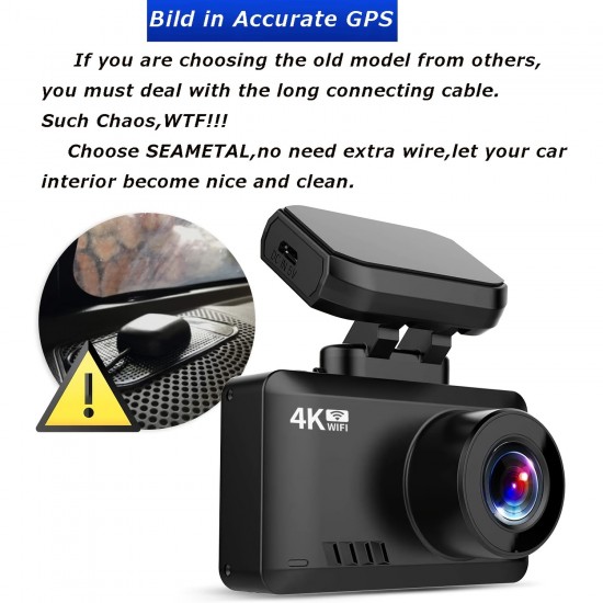 4K Dual Lens Dash Cam with Built-in WiFi GPS, App Control for Playback and Night Vision, 32GB Card Included