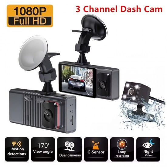 Triple Channel Dash Cam with Front, Rear, and Interior Cameras, 1080P Night Vision, 3-Inch IPS Screen