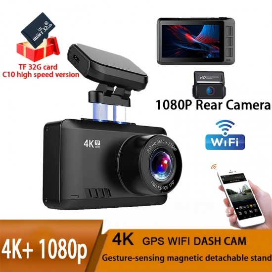 4K Dual Lens Dash Cam with Built-in WiFi GPS, App Control for Playback and Night Vision, 32GB Card Included